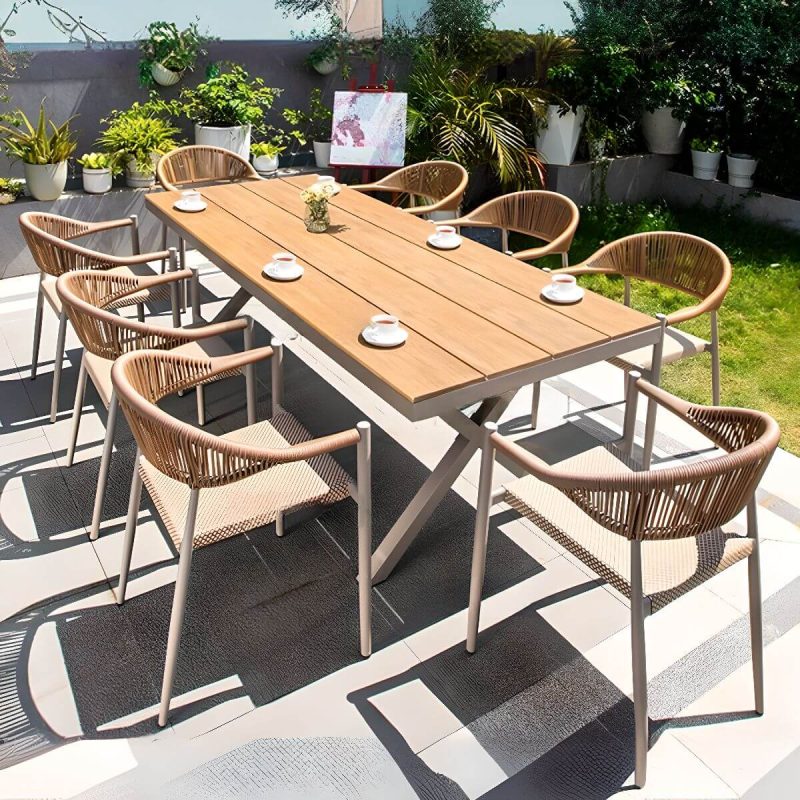 Khaki 9-teiliges Set Modernes Outdoor-Esstischset mit wetterfestem Metallrahmen, Stuhl & Tisch, 87"L x 35"B x 30"H, Tisch & 8 Stühle, Teak