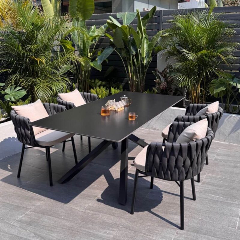 Stein-Patio-Esstisch mit schwarzer Tischplatte, UV-beständiges rechteckiges Design im Art-Deco-Stil, 78,7"L x 35,4"B x 29,5"H, nur Tisch