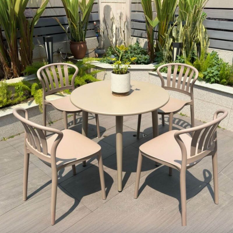 Elfenbein Outdoor-Esstischset, wetterbeständig mit Polymer-Verbundsitz, rundes 5-teiliges Stuhl- und Tischset, 31.5"L x 31.5"B x 28.3"H, Tisch & 4 Stühle