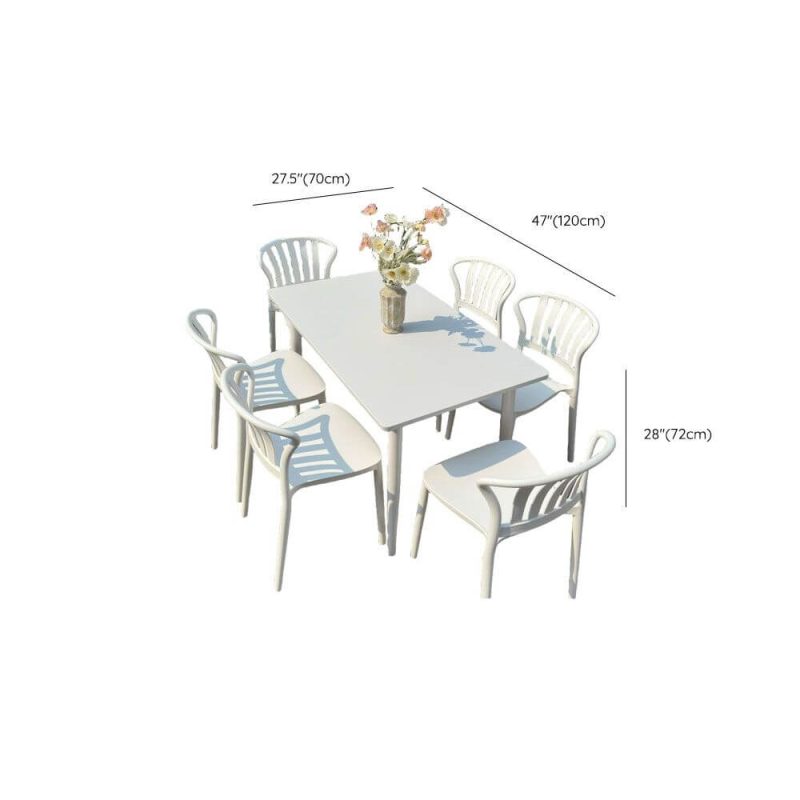 Dimension of Outdoor-Esstischset, wetterbeständig, Sitzfläche aus Polymerverbund, 7-teiliges Set, rechteckige Tinte, Stuhl & Tisch, Weiß, 47"L x 28"B x 28"H, Tisch & 6 Stühle