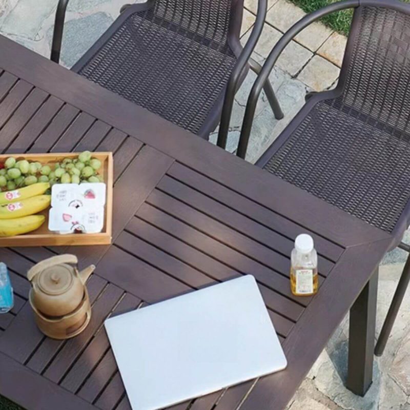 Konstruktionsholz-Patio-Essgruppe mit braunem Tisch und Stühlen, 7-teilig wetterfest minimalistisch, 47"L x 31"B x 28"H, Tisch & 6 Stühle