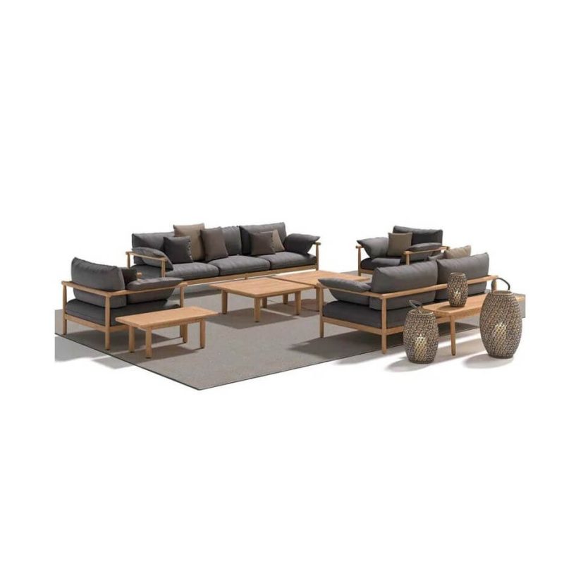 8-teiliges Outdoor-Sofa-Gesprächsset, Flachs & graue Kissen, Kakao & Holz Tisch, braunes Kissen, Loveseat, 8-teiliges Set (2 Stühle & Sofa & 3-Sitzer Sofa & 4 Couchtische)