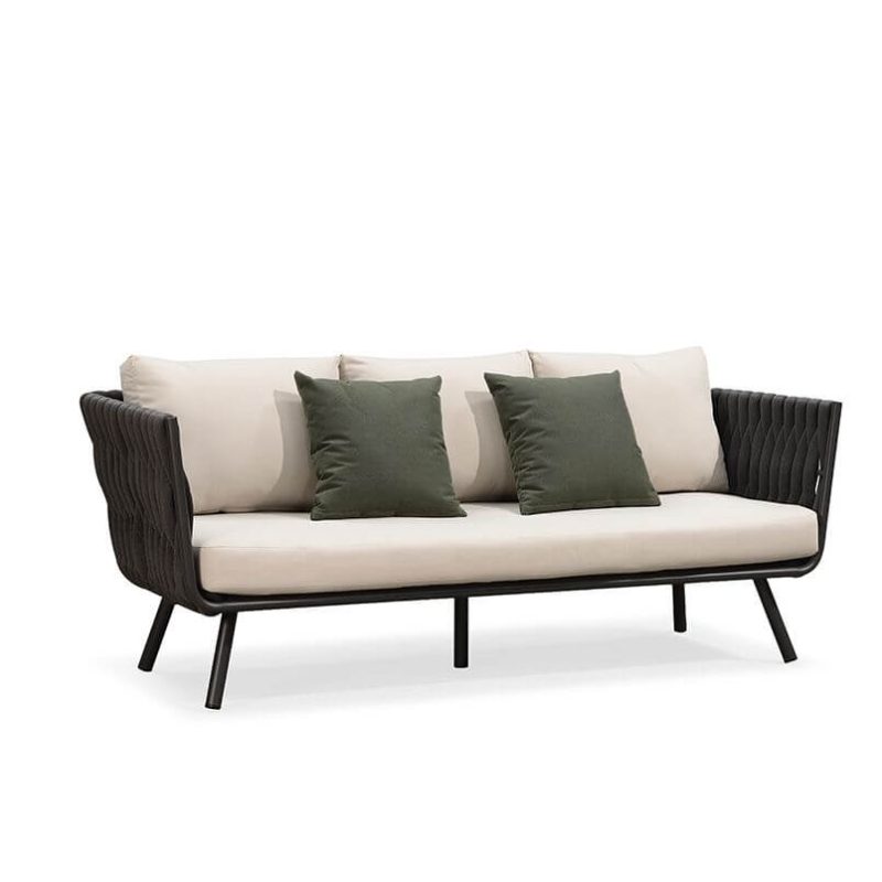 Minimalistisches schwarzes Alloy-Sofa für 3 Personen mit Kissen, UV-beständig und Polster, 3-Sitzer Sofa