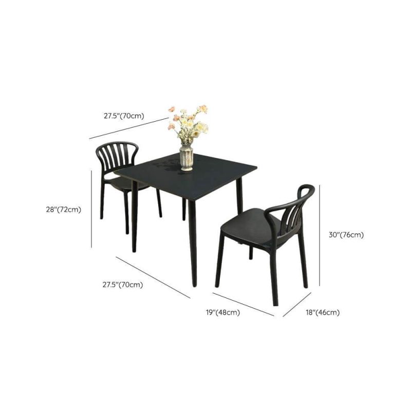 Dimension of Outdoor-Esstischset, wetterbeständig, Sitzfläche aus Polymerverbund, quadratische Tinte, 3-teiliges Set, Stuhl & Tisch, Schwarz, 27,6"L x 27,6"B x 28,3"H, Schreibtisch mit 2 Stühlen
