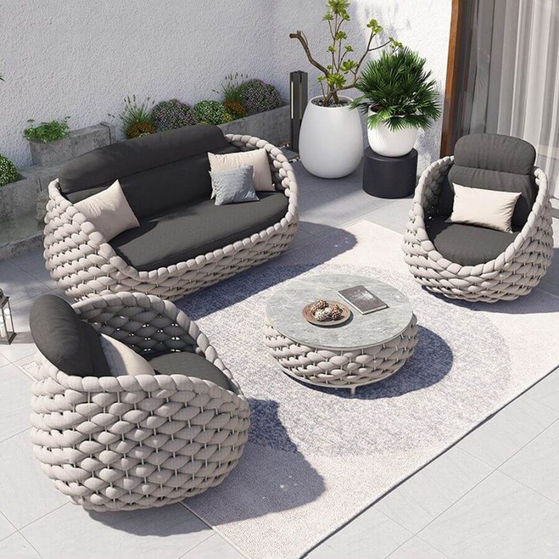 Outdoor-Sofa-Konversationsset mit Tisch aus gesintertem Stein in Grau, schwarzer Leinenstoffbezug, Loveseat, weißes Kissen, 4-teilig, 4-teiliges Set (2 Stühle & 1 Loveseat & 1 Couchtisch)