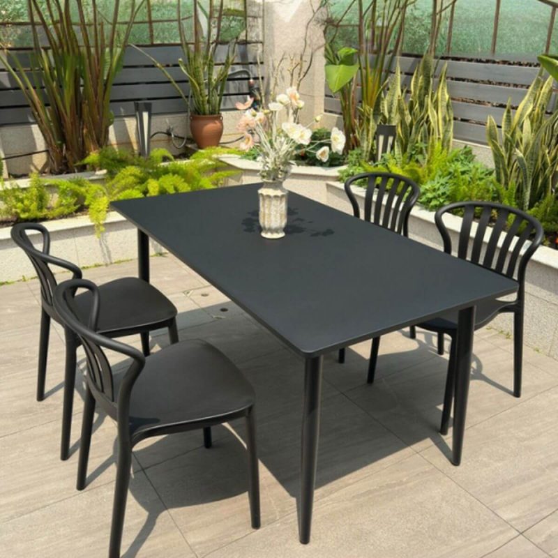 Outdoor-Esstischset, wetterbeständig, Sitzfläche aus Polymerverbund, rechteckige Tinte, 5-teilig, Stuhl & Tisch, Schwarz, 59"L x 31,5"B x 28"H, Tisch & 4 Stühle