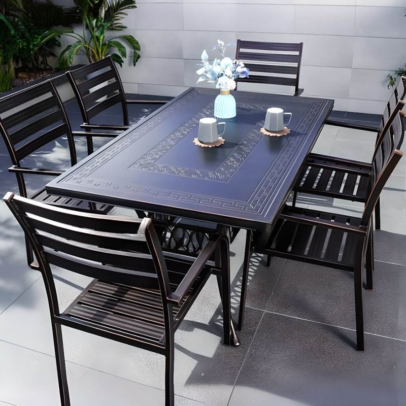 Casual Alloy Patio Esszimmer-Set mit wetterfester Tinte Tisch und Stühlen, 7-teilig, Matt Schwarz, 59"L x 35"B x 28"H, Tisch & 6 Stühle