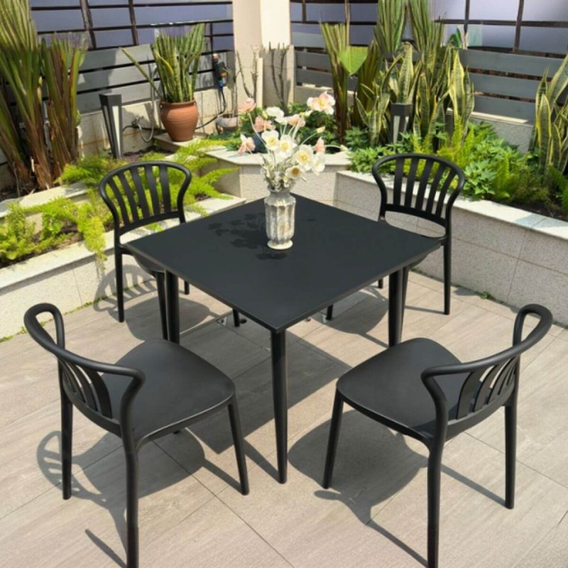 Outdoor-Esstischset, wetterbeständig, Sitzfläche aus Polymerverbund, quadratische Tinte, 5-teilig, Stuhl & Tisch, Schwarz, 27,6"L x 27,6"B x 28,3"H, Tisch & 4 Stühle