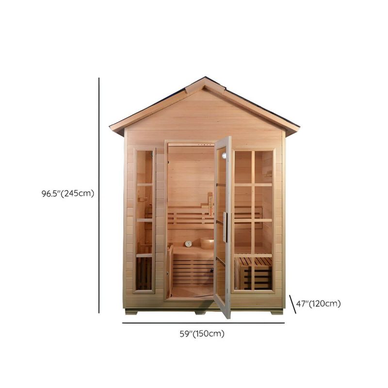 Dimension of Workspace Essentials: Braune rechteckige Holzsauna mit LED-Beleuchtung und Sitzbank - 59"L x 47"B x 96"H