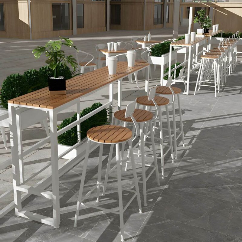 Rechteckiger Holz-Patio-Tisch mit weißem Metallrahmen industriell wasserbeständiger Bartisch - 94.5"L x 15.7"B x 41.3"H Nur Tisch