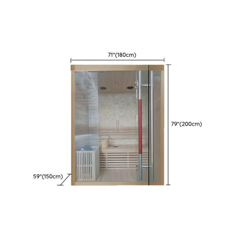 Dimension of Indoor/Outdoor Holz-Rechteck-Sauna mit LED-Beleuchtung und Bluetooth - Sicherheitsglas 71"L x 59"B x 79"H