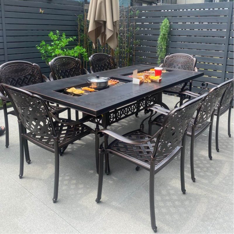 Kupfer Traditioneller Patio Armlehnenstuhl, Set von 4 Stühlen, Nestbar Aluminium Metall, Bronze