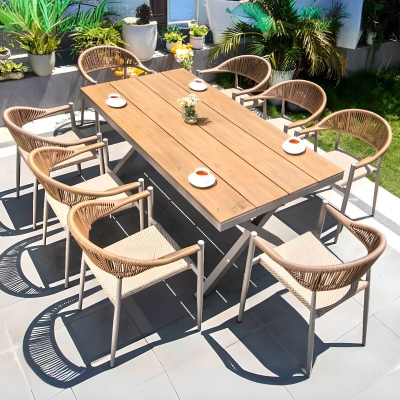 Khaki 9-teiliges Set Modernes Outdoor-Esstischset mit wetterfestem Metallrahmen, Stuhl & Tisch, 70.9"L x 35.4"B x 29.9"H, Tisch & 8 Stühle, Teak