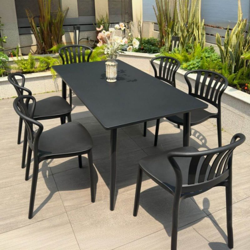 Outdoor-Esstischset, wetterbeständig, Sitzfläche aus Polymerverbund, 7-teiliges Set, rechteckige Tinte, Stuhl & Tisch, Schwarz, 59"L x 31,5"B x 28"H, Tisch & 6 Stühle