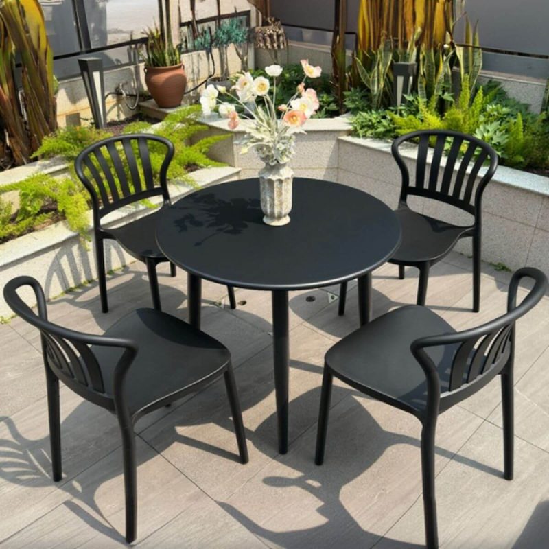 Outdoor-Esstischset, wetterbeständig, Sitzfläche aus Polymerverbund, runde Tinte, 5-teilig, Stuhl & Tisch, Schwarz, 35,4"L x 35,4"B x 28,3"H, Tisch & 4 Stühle