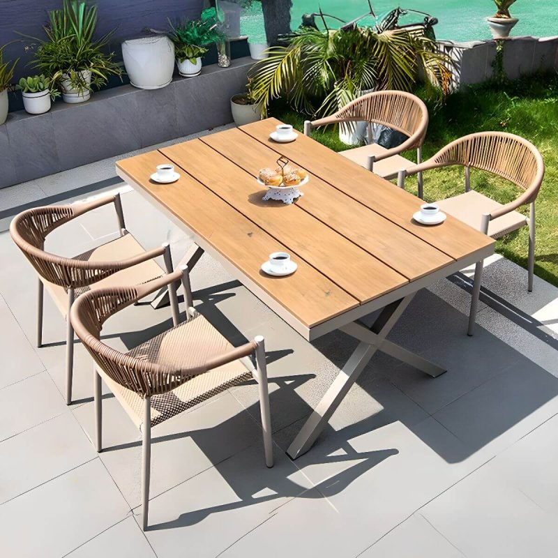 Khaki Modernes Outdoor-Esstischset mit wetterfestem Metallrahmen, 5-teiliges Set mit Stuhl & Tisch, 59.1"L x 35.4"B x 29.9"H, Tisch & 4 Stühle, Teak