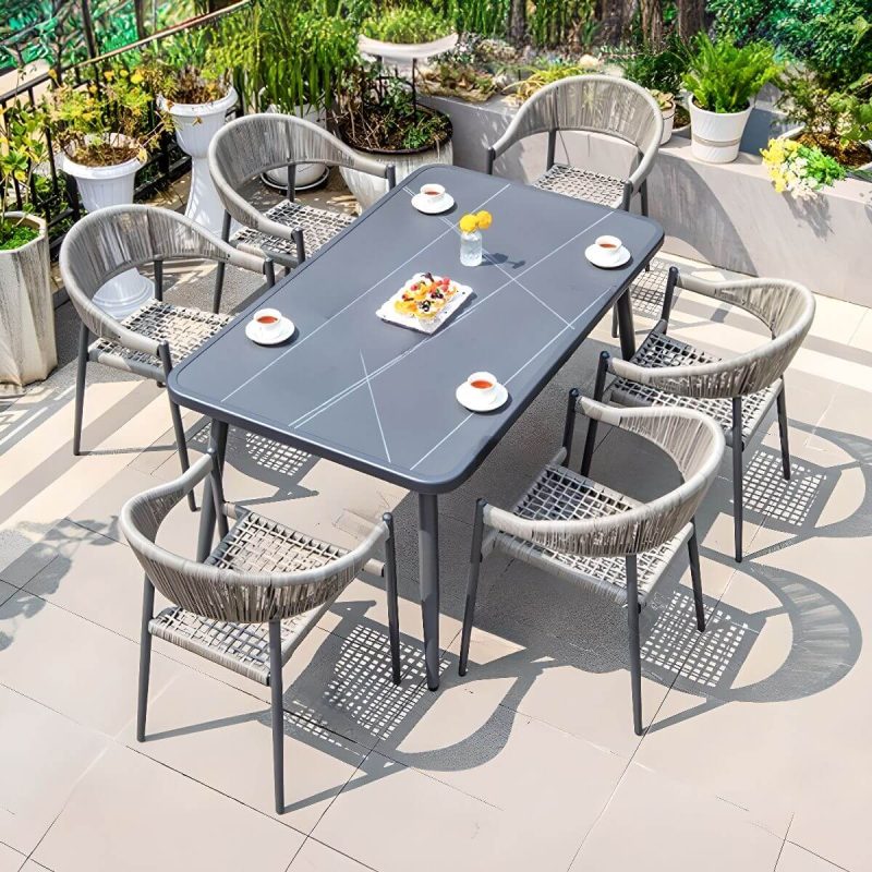 Moderner feuersicherer Ink-Vitreous Outdoor-Esstisch, 7-teiliges Set mit Stuhl und Tisch, 59,1"L x 35,4"B x 29,1"H, Tisch & 6 Stühle