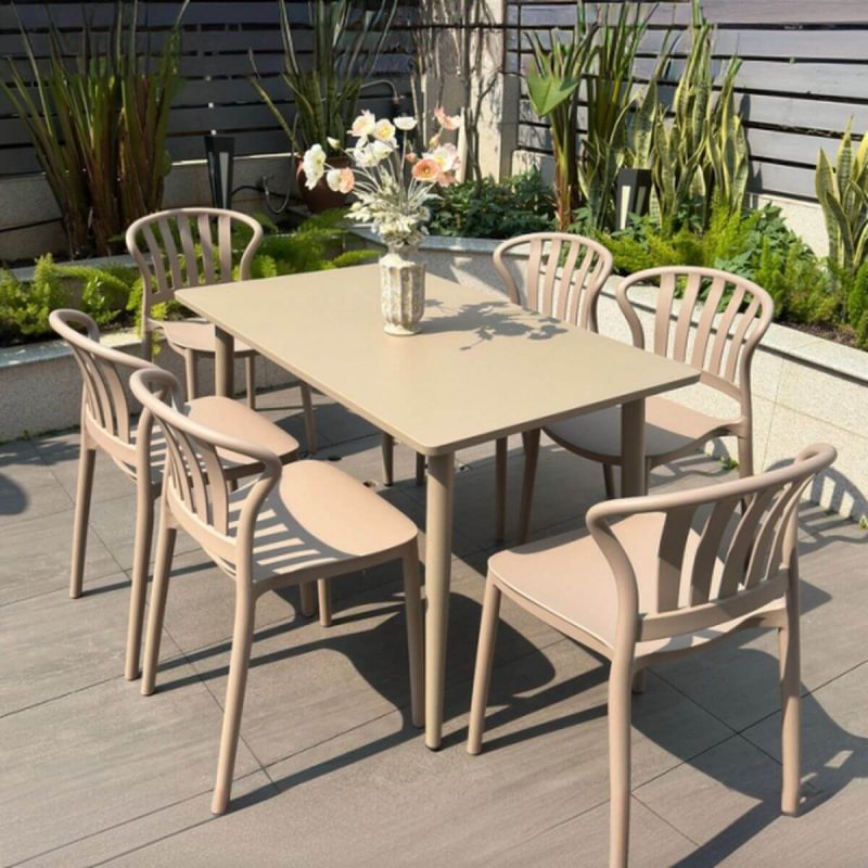 Elfenbein Outdoor-Esstischset, wetterbeständig mit Polymer-Verbundsitz, 7-teiliges Set, rechteckiger Stuhl und Tisch, 47"L x 28"B x 28"H, Tisch & 6 Stühle