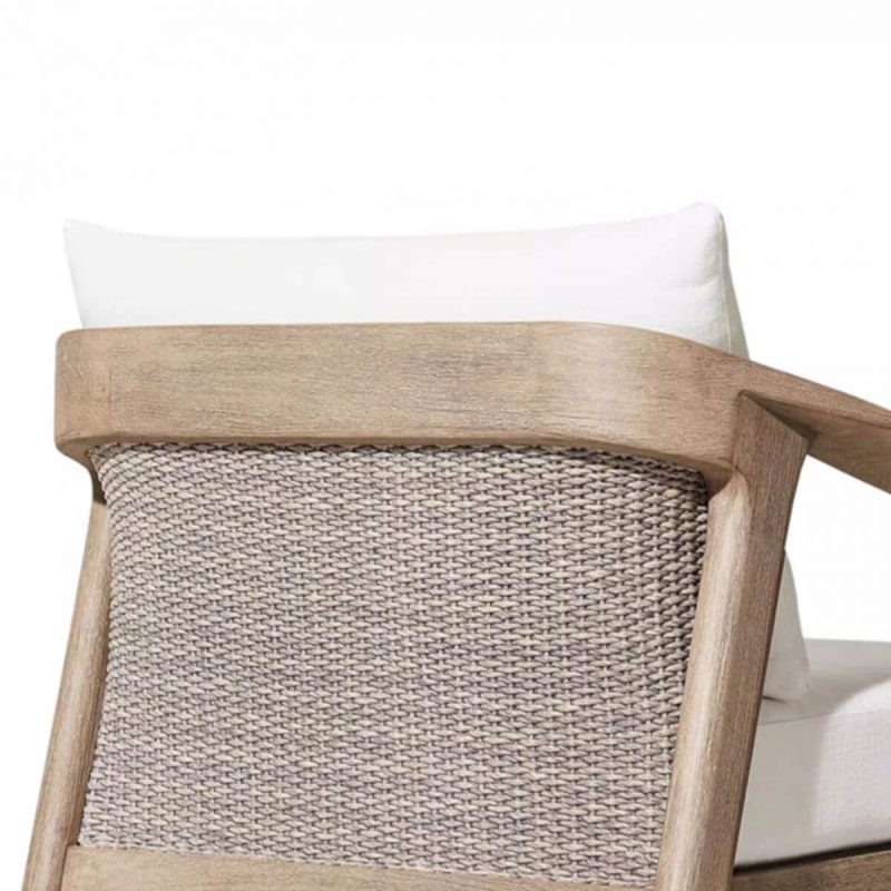 Luxuriöses 4-teiliges Garten-Sofa-Set mit Teak-Tischplatte, weißem Synthetikfaser-Bezug, hellbraunem Tisch, Loveseat, Zitronenfarbe Kissen - Loveseat