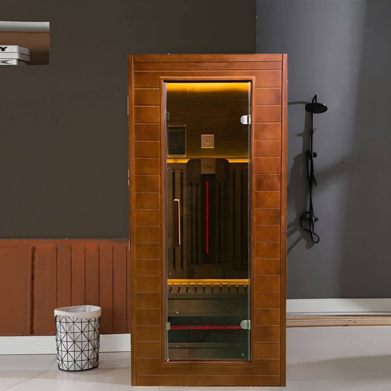 Luxuriöse 1-Personen-Holz-FAR-Infrarotsauna mit LED-Beleuchtung und Bluetooth - Braun Einzel