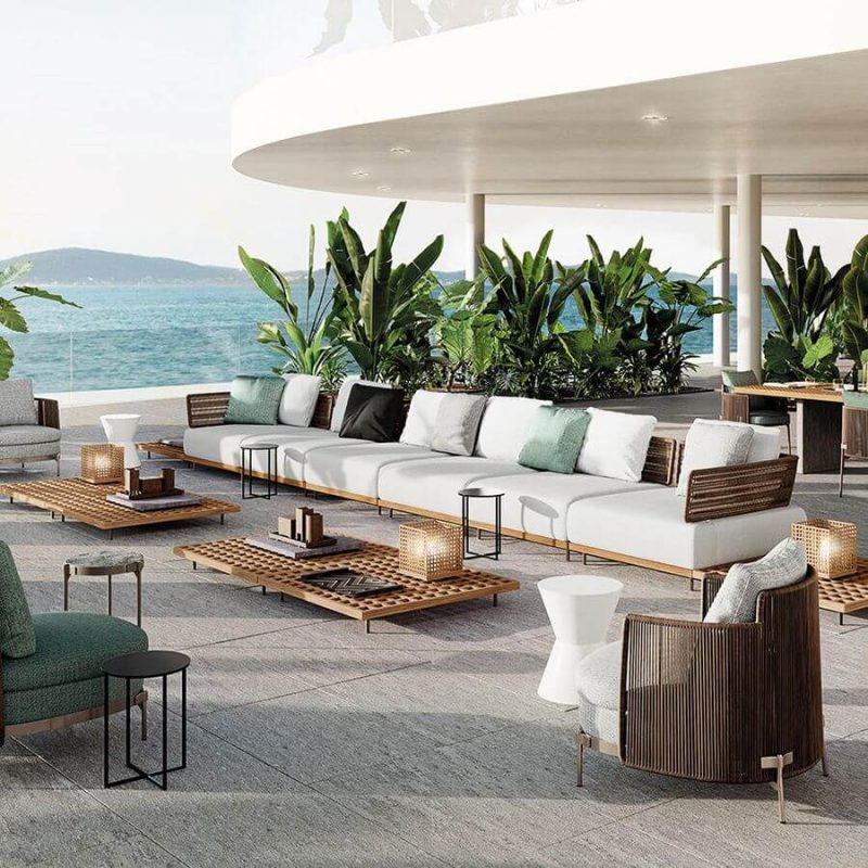 Lebendige orangefarbene Leinenstoff Outdoor-Sofagruppe mit 3 Tischen, 9-teiliges Set, 9-teiliges Set (4 Stühle & 2 Ecksofas & 3 Couchtische)