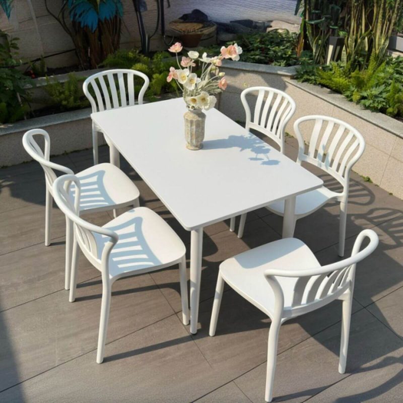 Outdoor-Esstischset, wetterbeständig, Sitzfläche aus Polymerverbund, 7-teiliges Set, rechteckige Tinte, Stuhl & Tisch, Weiß, 47"L x 28"B x 28"H, Tisch & 6 Stühle