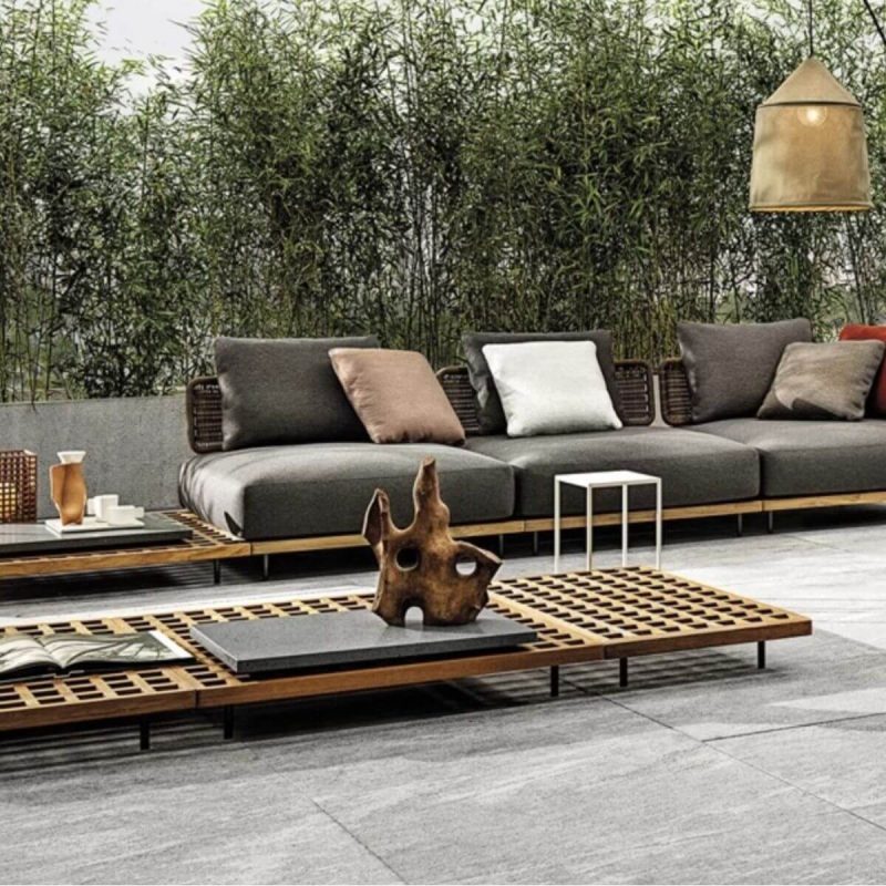 6-teiliges Outdoor-Sofa-Garnitur mit Plastikoberfläche, inklusive 2 Zitronenfarbenen Tischen und Sitzgruppe, 6-teiliges Set (2 Mittelsofas & Ecksofa & Ottoman & 2 Tische)