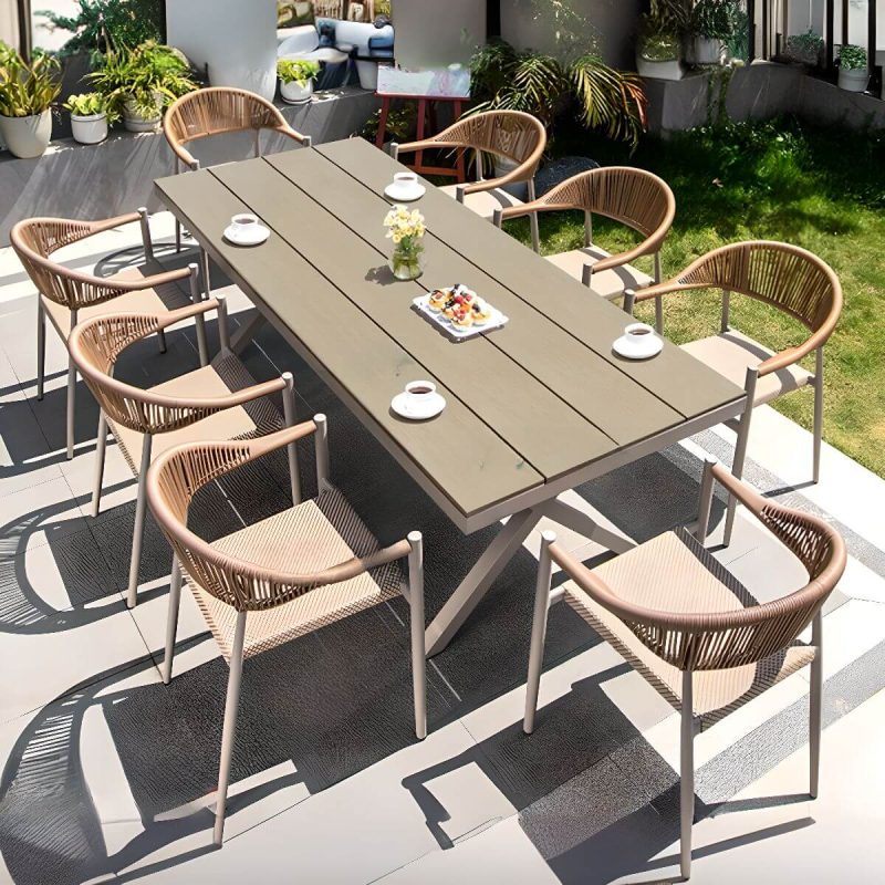 Hellgraues 9-teiliges Set Outdoor-Esstischset mit wetterfestem Metallrahmen, Stuhl & Tisch - Moderner Stil, 87"L x 35"B x 30"H, Tisch & 8 Stühle