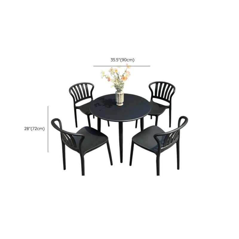 Dimension of Outdoor-Esstischset, wetterbeständig, Sitzfläche aus Polymerverbund, runde Tinte, 5-teilig, Stuhl & Tisch, Schwarz, 35,4"L x 35,4"B x 28,3"H, Tisch & 4 Stühle