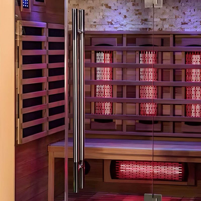 Braune rechteckige Sauna mit einer Tür, LED-Beleuchtung und Bluetooth-Kompatibilität - 47"L x 39"B x 75"H Hemlock