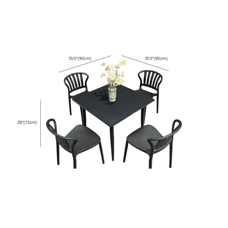 Dimension of Outdoor-Esstischset, wetterbeständig, Sitzfläche aus Polymerverbund, quadratische Tinte, 5-teilig, Stuhl & Tisch, Schwarz, 35,4"L x 35,4"B x 28,3"H, Tisch & 4 Stühle