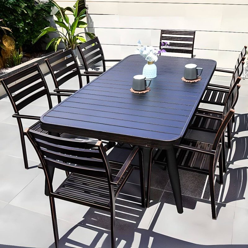 9-teiliges Set Casual Alloy Patio Esszimmer-Set mit wetterfester Tinte Tisch und Stühlen, Schwarz, 71"L x 35"B x 28"H, Tisch & 8 Stühle