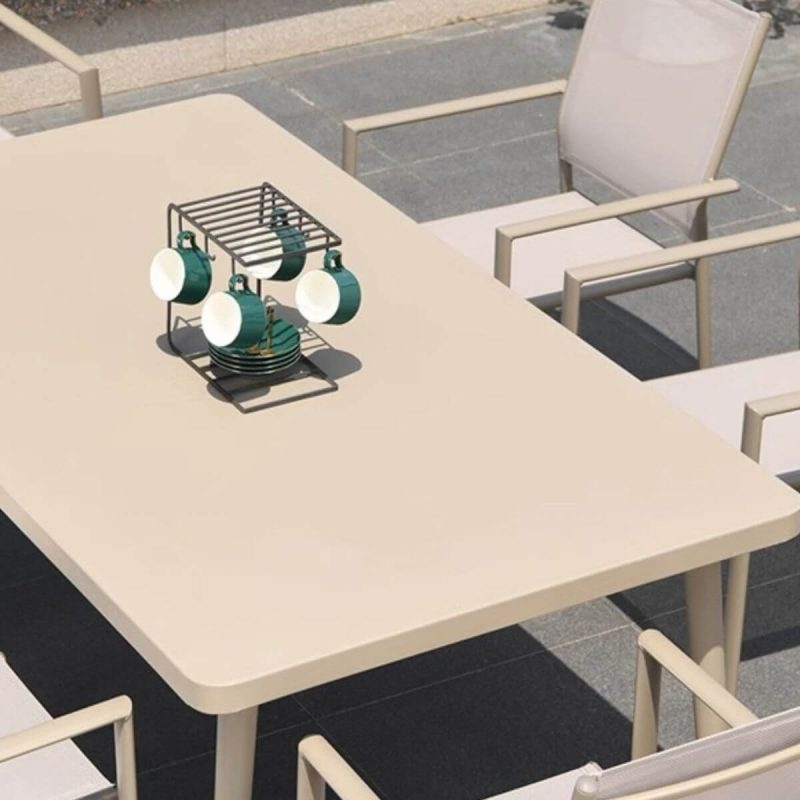 Elfenbein Outdoor-Essgruppe mit wetterbeständigem glasartigem rechteckigem Tisch und Stühlen - 7-teiliges Set, 51"L x 31"B x 28"H, Tisch & 6 Stühle