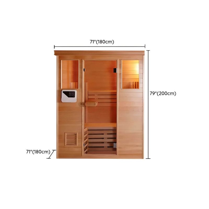 Dimension of Indoor/Outdoor Holz-Rechteck-Sauna mit LED-Beleuchtung und Bluetooth - Massivholz mit Glas 71"L x 71"B x 79"H