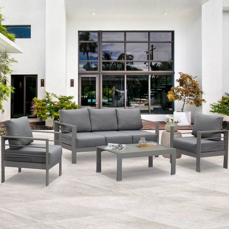 4-teiliges Set Graue Stoff-Patio-Sofa-Sitzgruppe mit Taubengrauem Bezug und Holztisch, wasserabweisend, Schwarz, 4-teiliges Set (2 Stühle & 1 3-Personen-Sofa & 1 Couchtisch)