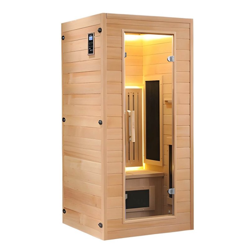 Luxuriöse 1-Personen-Holz-FAR-Infrarotsauna mit LED-Beleuchtung und Bluetooth - Braun Einzel
