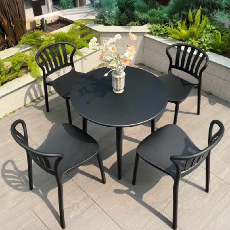 Outdoor-Esstischset, wetterbeständig, Sitzfläche aus Polymerverbund, runde Tinte, 5-teilig, Stuhl & Tisch, Schwarz, 27,6"L x 27,6"B x 28,3"H, Tisch & 4 Stühle