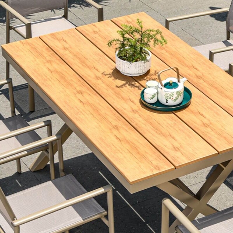 Stoff Outdoor-Essgruppe mit elfenbeinfarbener Tischplatte, feuerfestem rechteckigem Tisch und Stühlen - 7-teiliges Set, 63"L x 35,5"B x 28,3"H, Tisch & 6 Stühle, Kohlenstoffstahl