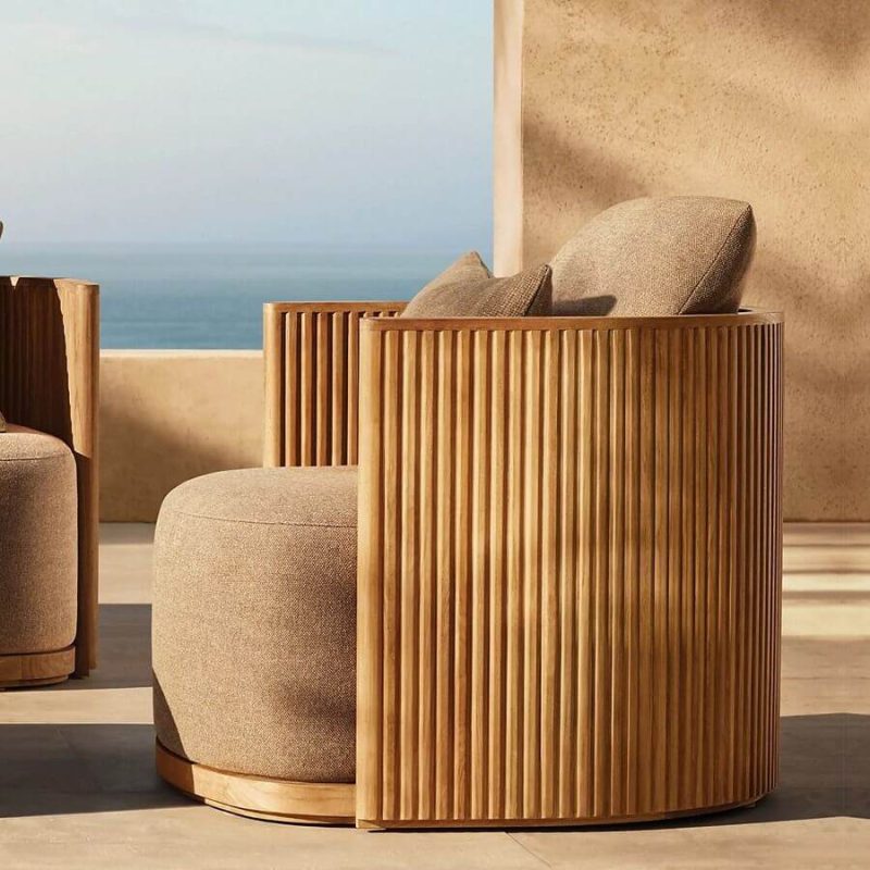 Einfaches 1-teiliges natürliches Holz UV-beständiges gerahmtes braunes Kissen-Sofa für 3 Personen, 3-Sitzer Sofa