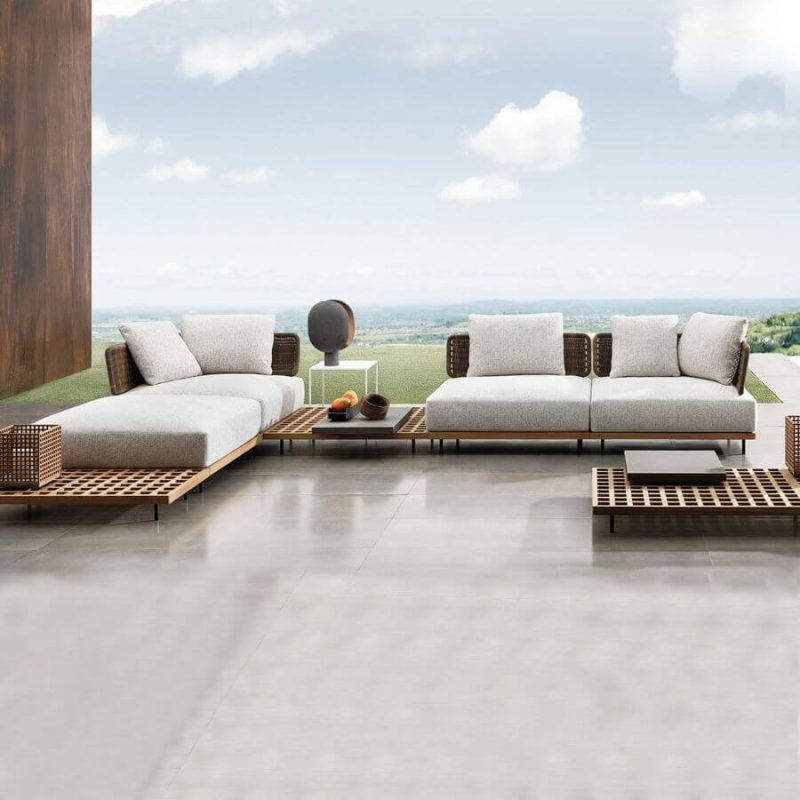 Orange Leinenstoff 7-teiliges Garten-Sofa-Sitzgruppe mit 3 Tischen, Modular Design, und Sectional Sofa, 7-teiliges Set (2 Stühle & 2 Ecksofas & 3 Couchtische)