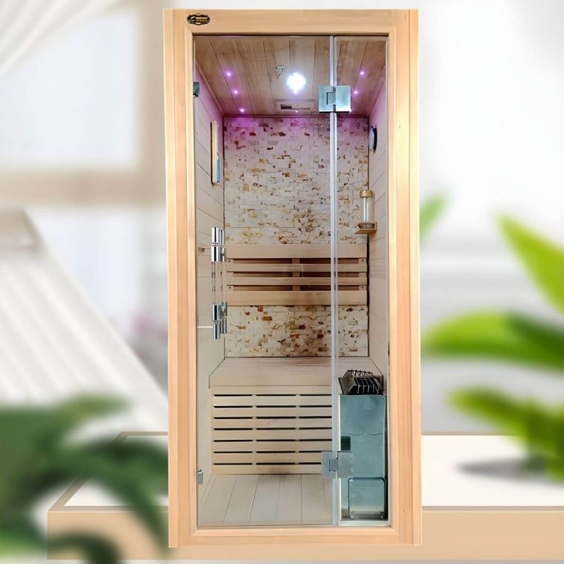 Gemütliche Carlyle Holz Sauna traditionell mit LED-Beleuchtung und Bluetooth - Fünfeck 59"L x 59"B x 79"H 4 Personen