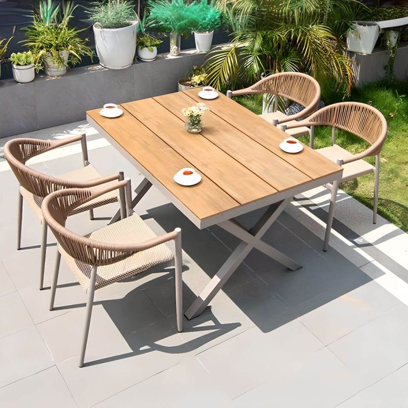 Khaki Modernes Outdoor-Esstischset mit wetterfestem Metallrahmen, 5-teiliges Set mit Stuhl & Tisch, 51.2"L x 35.4"B x 29.5"H, Tisch & 4 Stühle, Teak