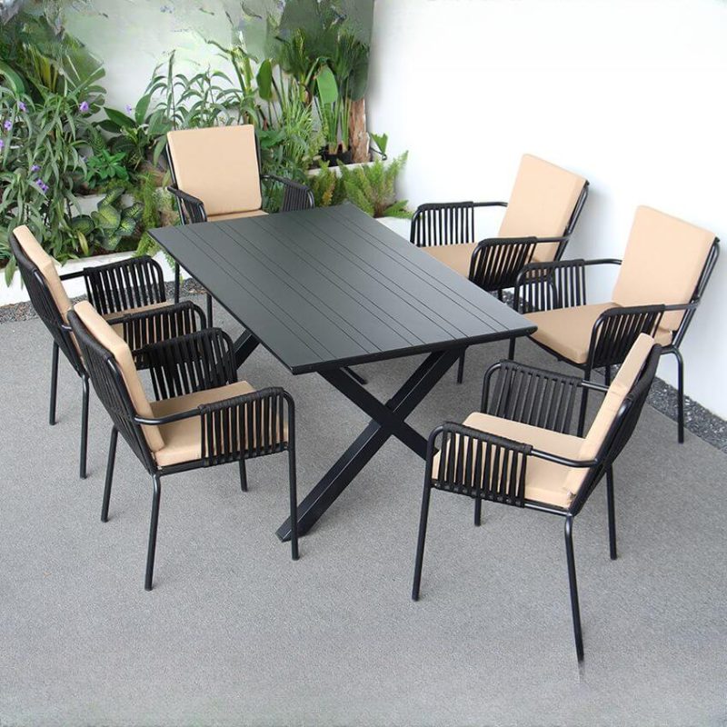 Polstergarnitur 7-teilig wetterfeste Tinte rechteckige Outdoor-Essgruppe mit Stuhl & Tisch, Tisch & 6 Stühle, 51"L x 35"B x 29"H