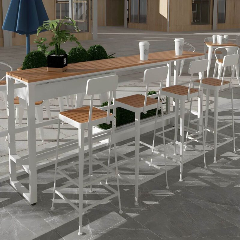 Rechteckiger Holz-Patio-Tisch mit weißem Metallrahmen industriell wasserbeständiger Bartisch - 47.2"L x 15.7"B x 41.3"H Nur Tisch