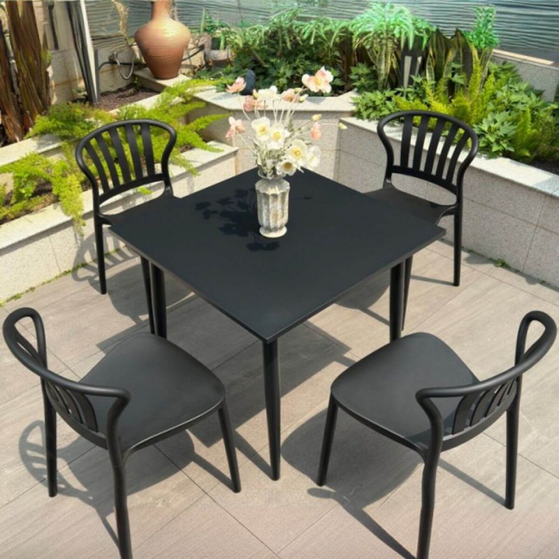 Outdoor-Esstischset, wetterbeständig, Sitzfläche aus Polymerverbund, quadratische Tinte, 5-teilig, Stuhl & Tisch, Schwarz, 35,4"L x 35,4"B x 28,3"H, Tisch & 4 Stühle