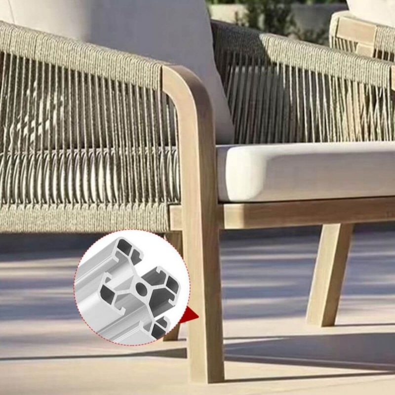 4-teiliges Outdoor-Sofa-Konversationsset mit Textilbezug, Karamell natürlicher Holztisch, Sofa, weißes Kissen, UV-beständig, 4-teiliges Set (2 Stühle & 1 3-Personen-Sofa & 1 Couchtisch)