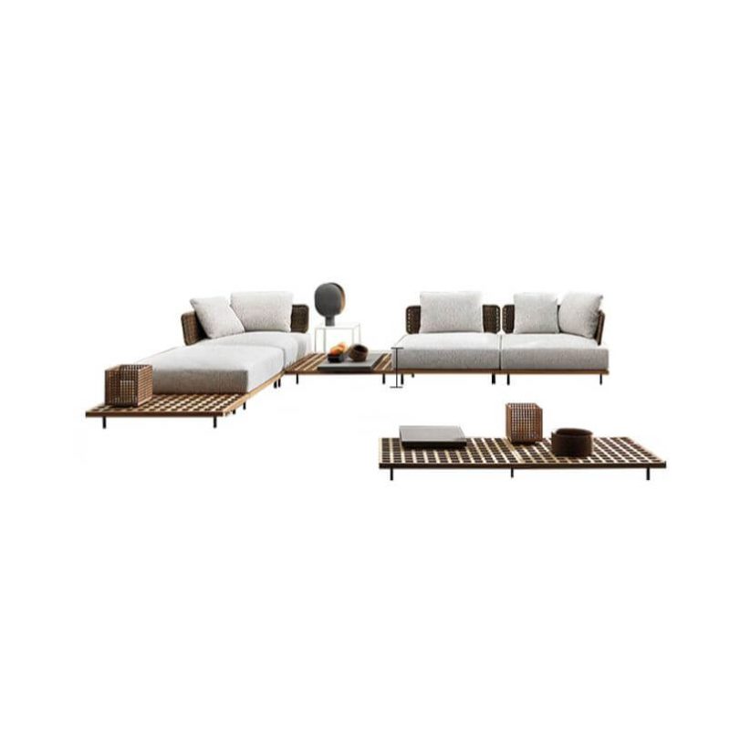 3-teiliges Set Outdoor-Sofa-Garnitur, Aprikosenfarbe & Holz, Leinenstoff, Kreide, UV-beständig, gepolsterte Rückenlehne, 3-teiliges Set (2 Stühle & Beistelltisch)