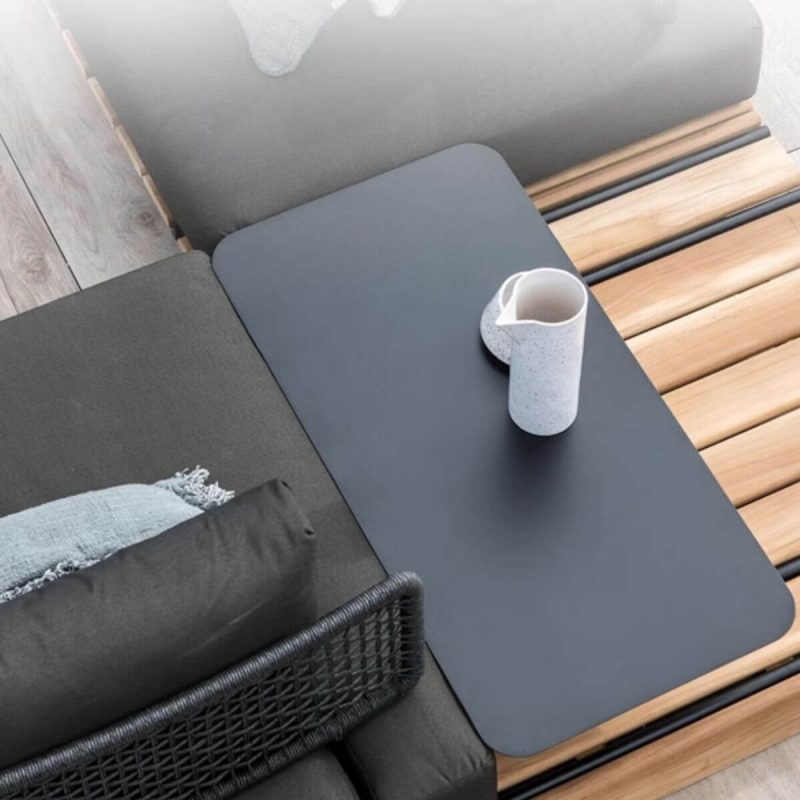 9-teiliges Set Outdoor-Sofagruppe, Auburn & Lumber Beistelltisch, Schwarz, Schwarz & Leinen, 9-teiliges Set (3 Stühle & Ottoman & Chaise Lounge & 4 Couchtische)