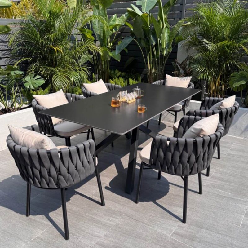 Stein-Patio-Esstisch mit schwarzer Tischplatte, UV-beständiges rechteckiges Design im Art-Deco-Stil, 86,6"L x 35,4"B x 29,5"H, nur Tisch