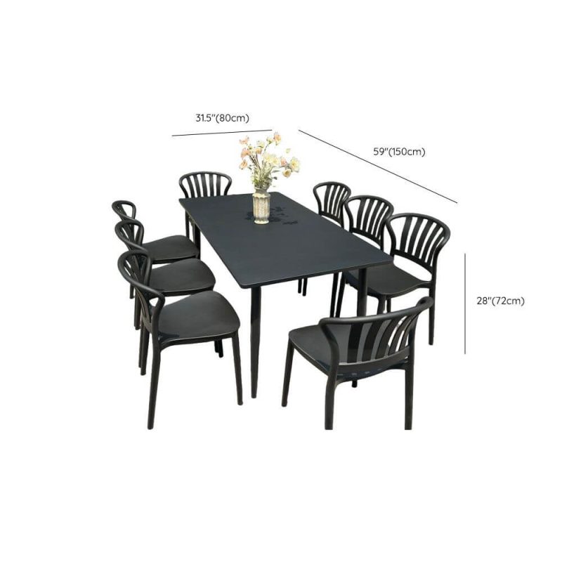 Dimension of 9-teiliges Outdoor-Esstischset, wetterbeständig, Sitzfläche aus Polymerverbund, rechteckige Tinte, Stuhl & Tisch, Schwarz, 59"L x 31,5"B x 28"H, Tisch & 8 Stühle